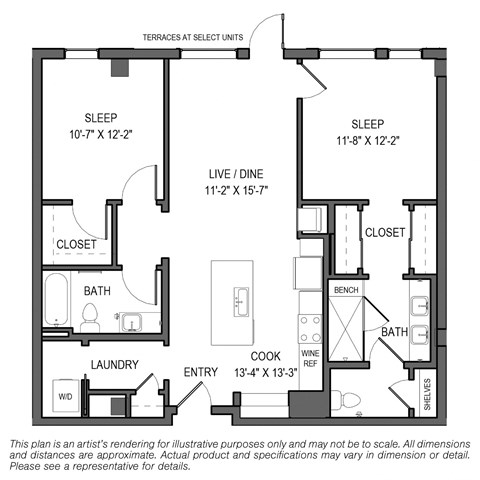 Floor plan for 2 beds, 2 baths, 1111 sqft